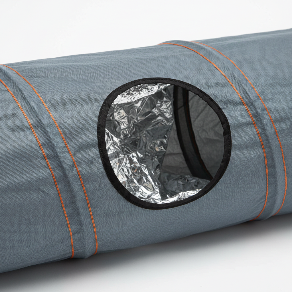 Close-up of durable stitching and crinkle fabric on a cat tunnel toy