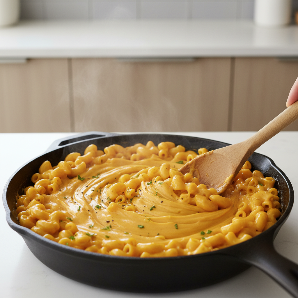 Creamy stovetop mac and cheese in a skillet with smooth cheese sauce