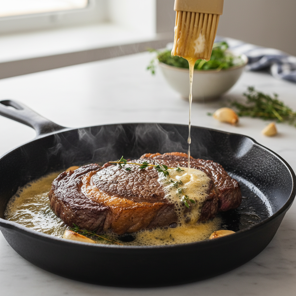Cast-iron skillet searing steak with browned crust and butter basting