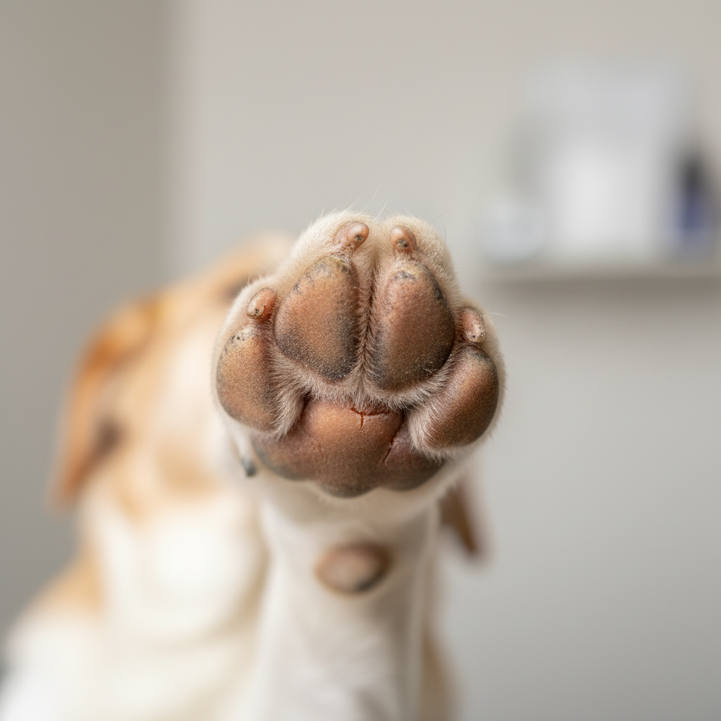 Dog paw pads with dryness and mild cracking after outdoor walking