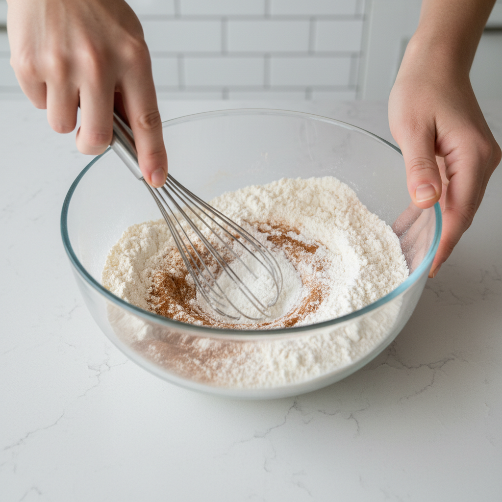 Mixing no-yeast cinnamon roll dough in a bowl with whisk and flour