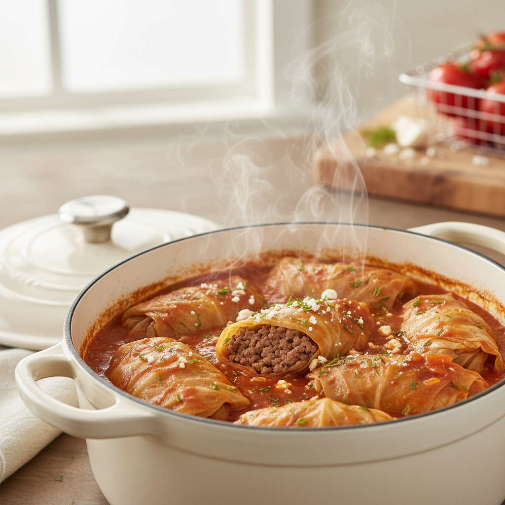 Easy beef and rice cabbage rolls simmering in tomato sauce in a Dutch oven