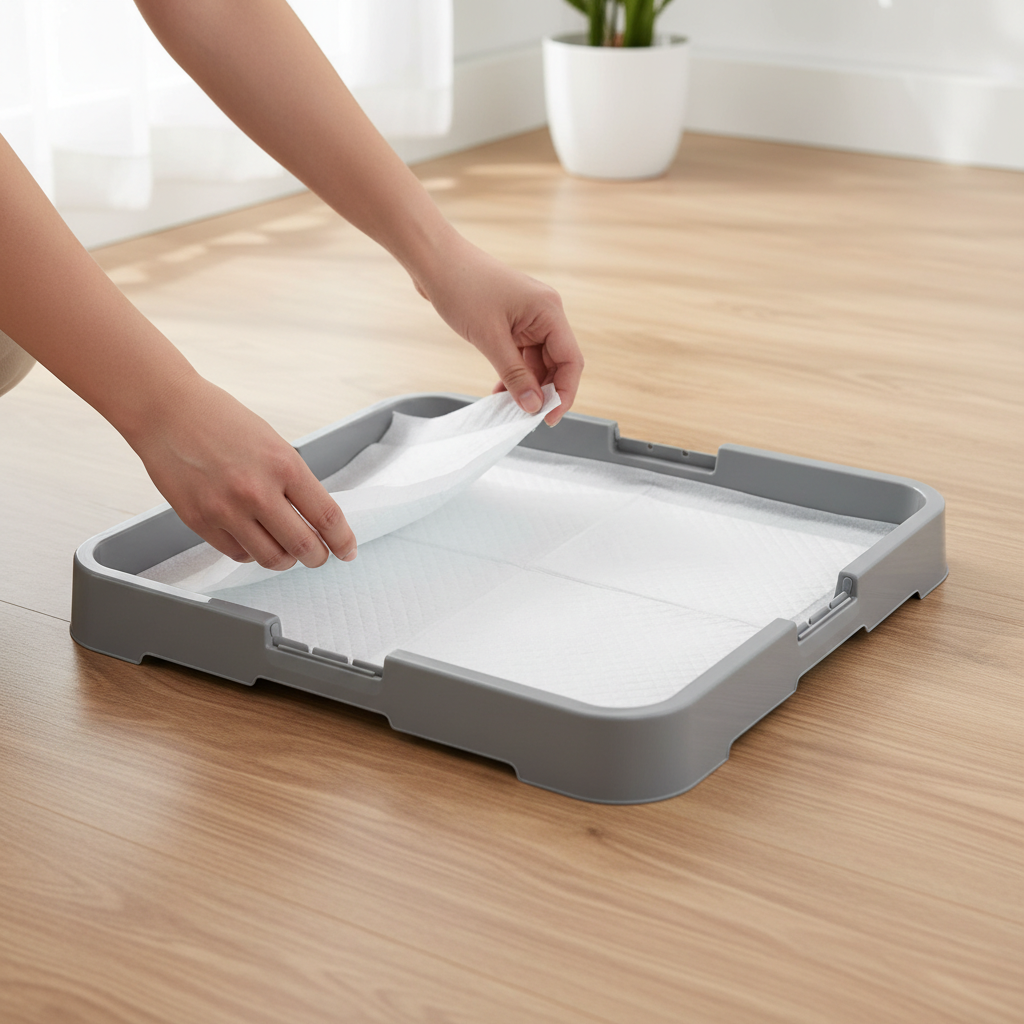 Owner replacing puppy pad in a plastic leakproof tray holder during cleanup