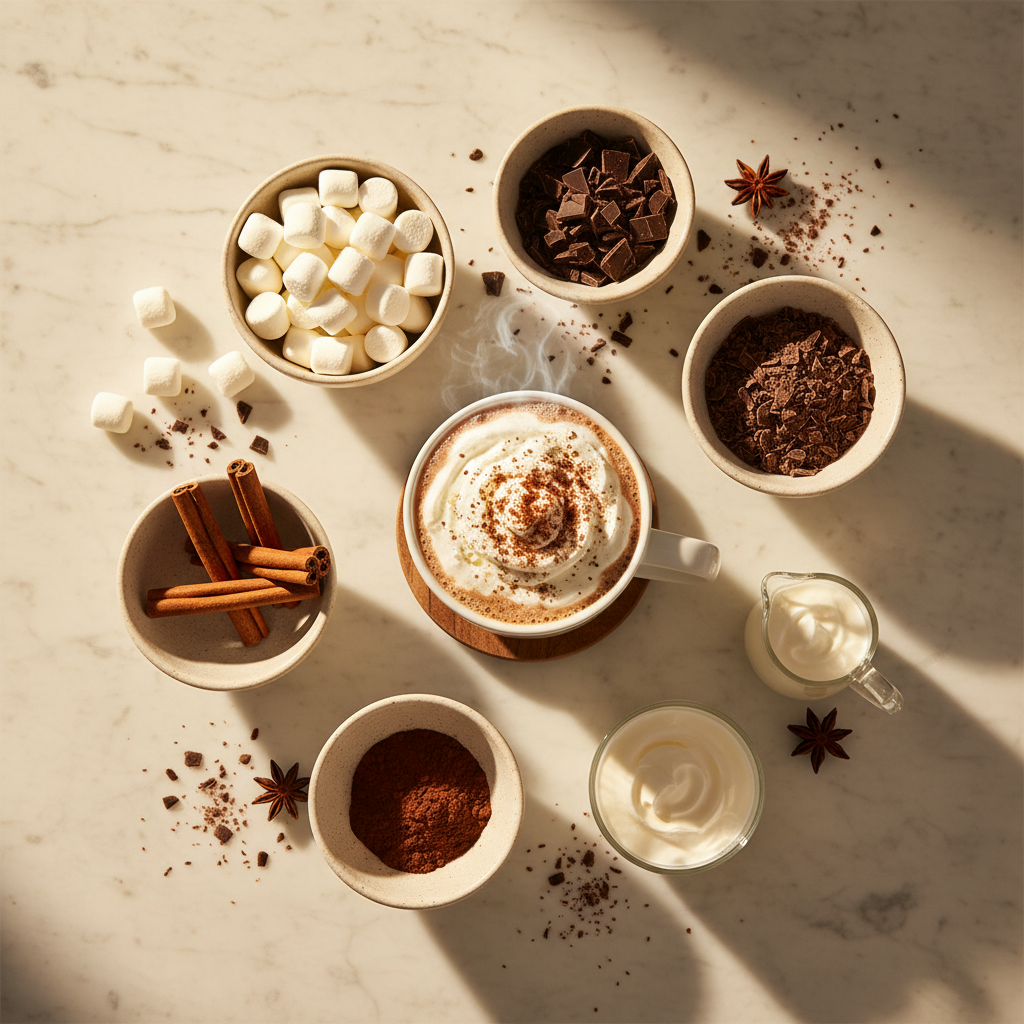 Hot chocolate toppings bar with marshmallows, cocoa, cinnamon, and chocolate pieces