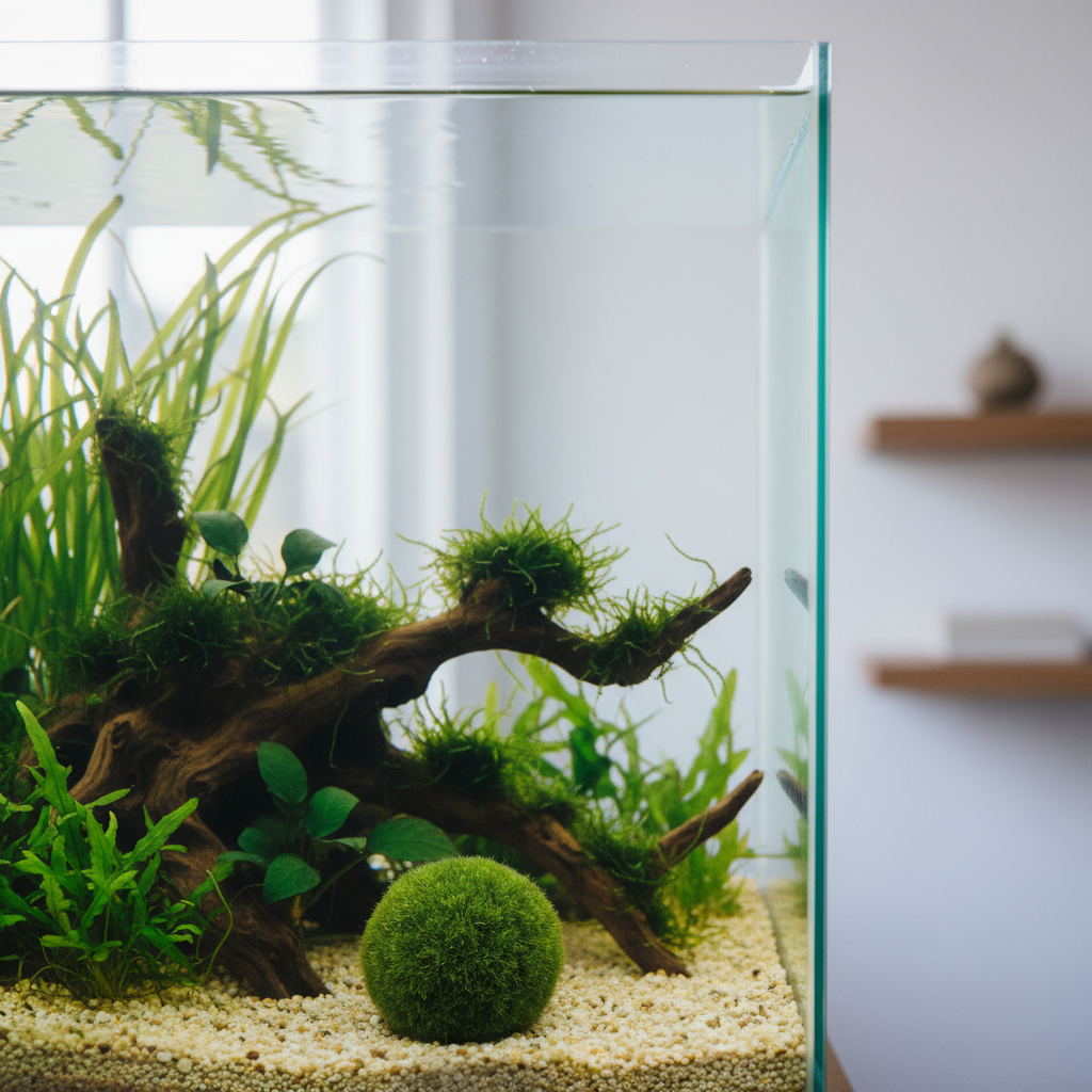 Live moss ball decoration placed in a clear freshwater aquarium with plants and driftwood