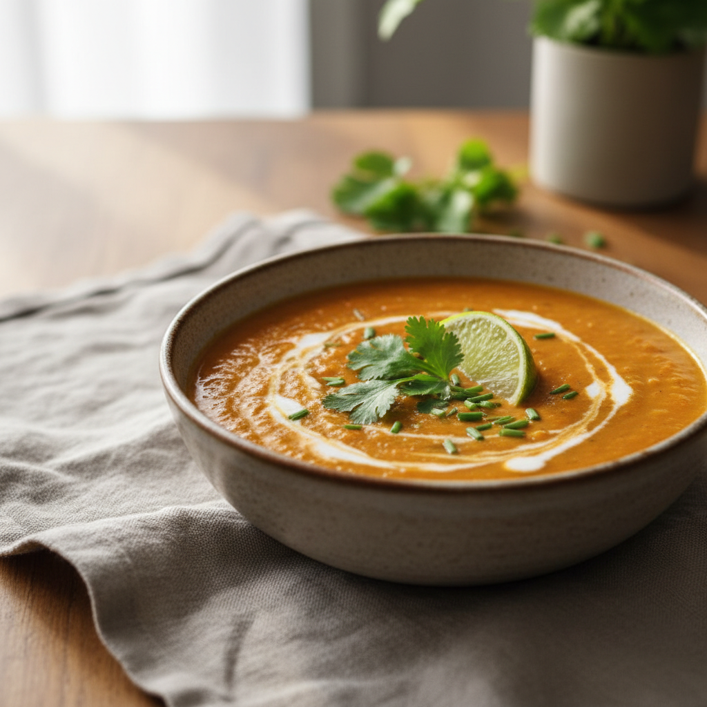 Bowl of ginger coconut lentil soup with herbs for comforting ginger recipes