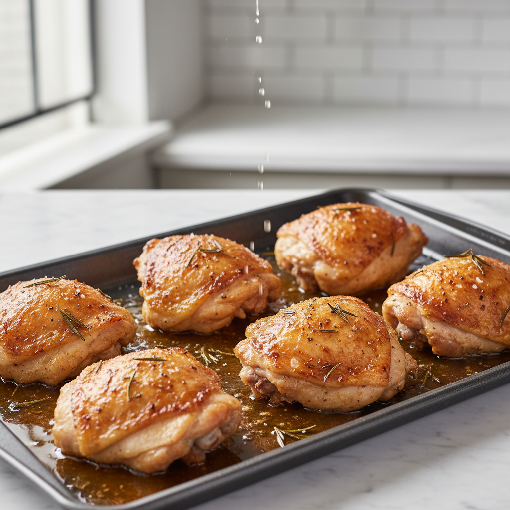 Juicy baked chicken thighs on a sheet pan with crispy skin