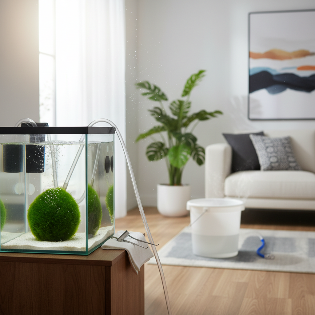 Aquarium maintenance setup showing water change tools and a moss ball near filter flow