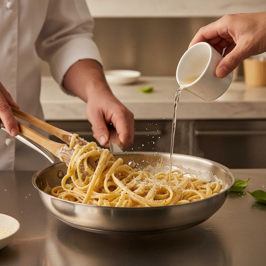 Tossing pasta in creamy Alfredo sauce with reserved pasta water for a silky finish