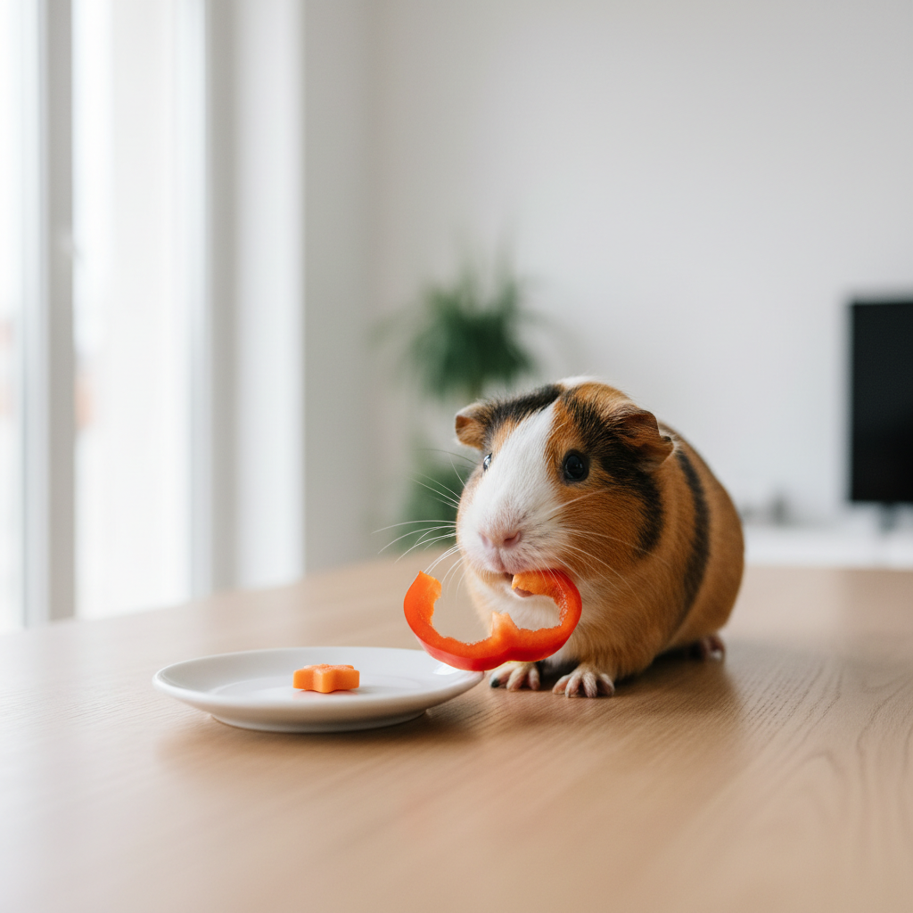 Guinea pig eating bell pepper while a small vitamin C chew tablet sits nearby