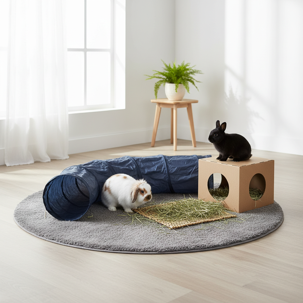 Rabbit enrichment setup with tunnel, hay foraging, and traction mats for indoor play