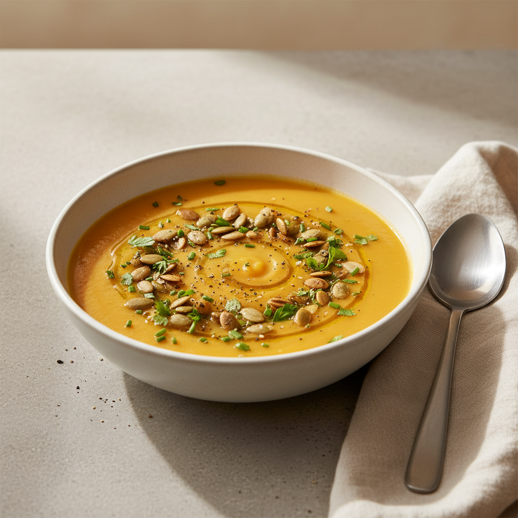 Healthy toppings for butternut squash soup like pepitas and herbs