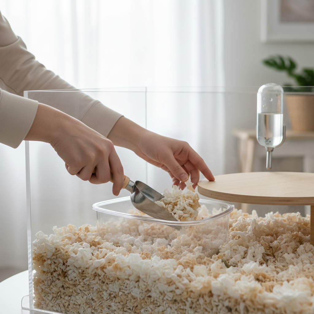 Spot-cleaning a small corner litter box in a hamster cage with a scoop