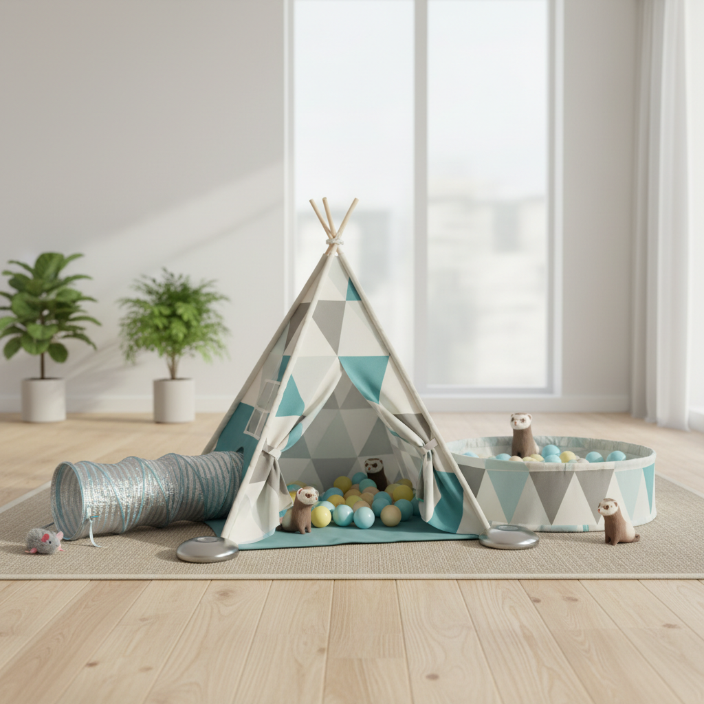 Ferret play tent with tunnels, toys, and an anchored base