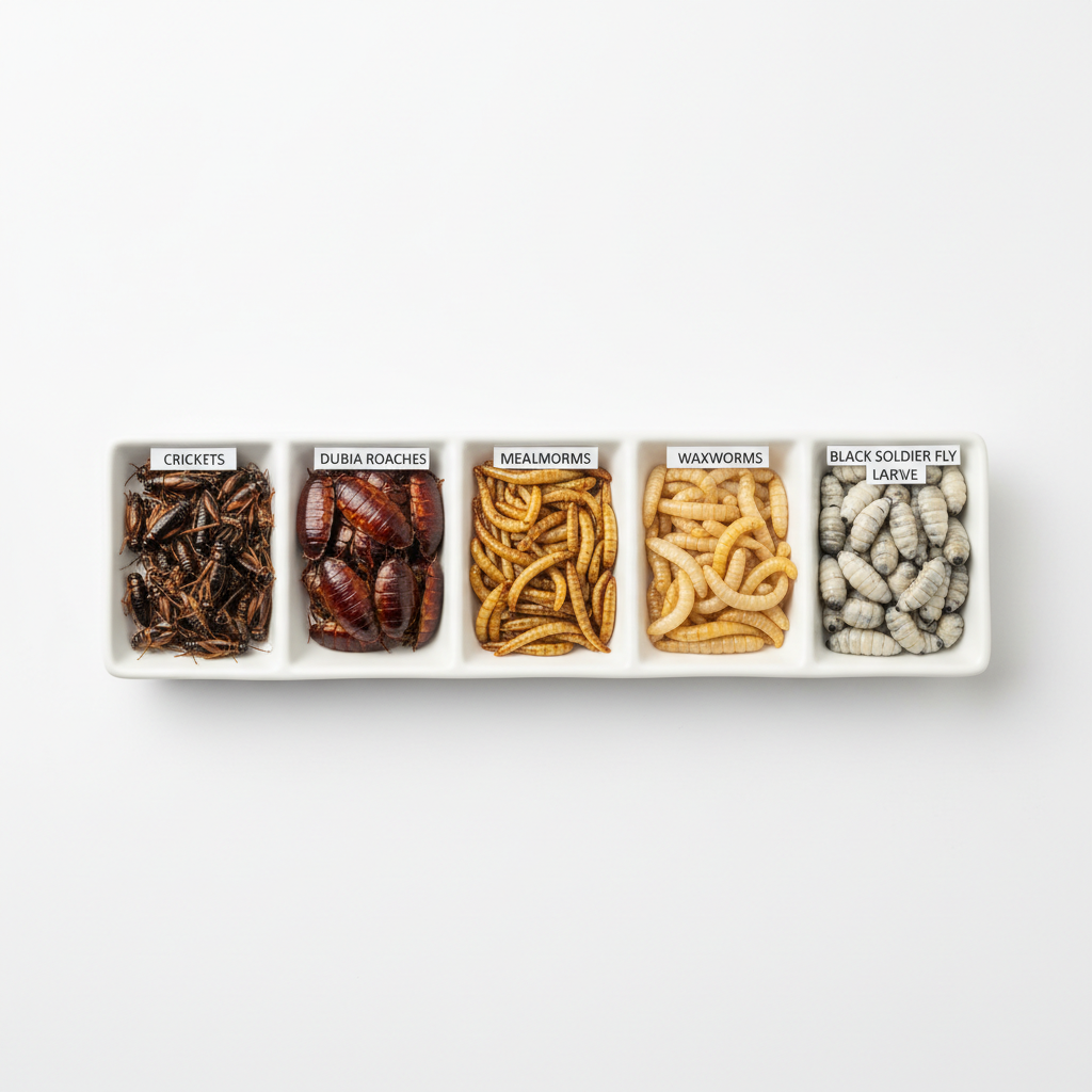 Comparison of common feeder insects for hedgehog food insect mix on a clean tray