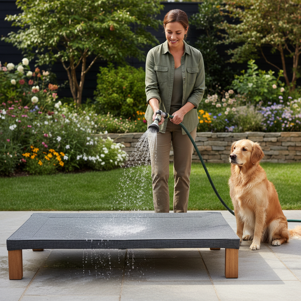 Dog owner cleaning a weather resistant outdoor dog bed with a hose on a patio