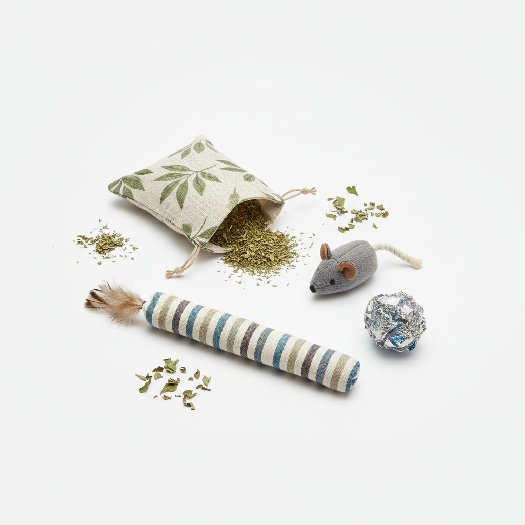 Assortment of catnip toy types including kicker, plush, and refillable pouch
