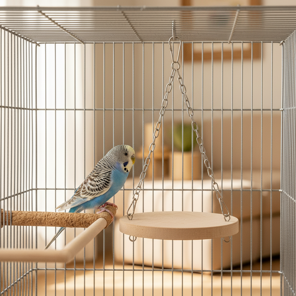 Small parakeet stepping onto a swing inside a cage with calm, safe placement