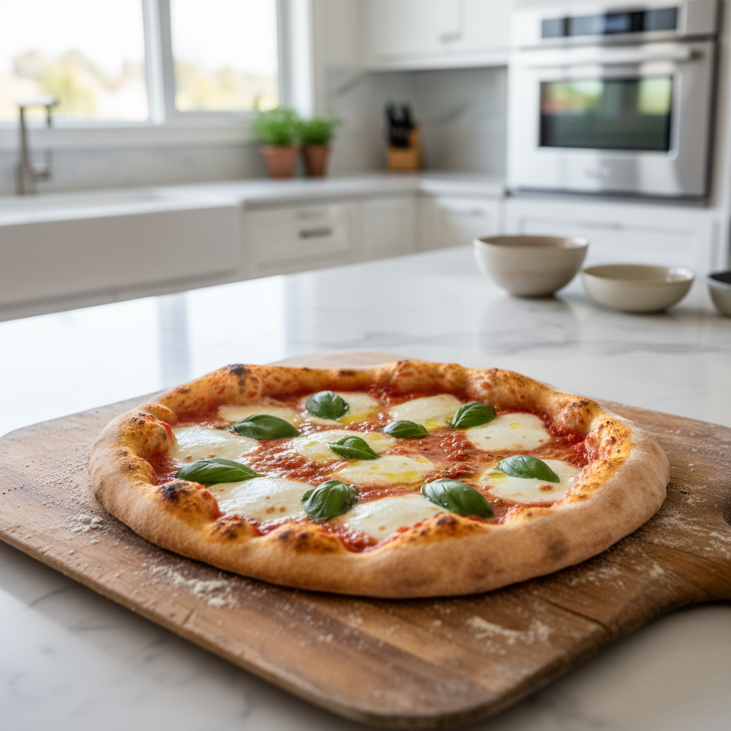Homemade margherita pizza on a wooden peel ready to bake