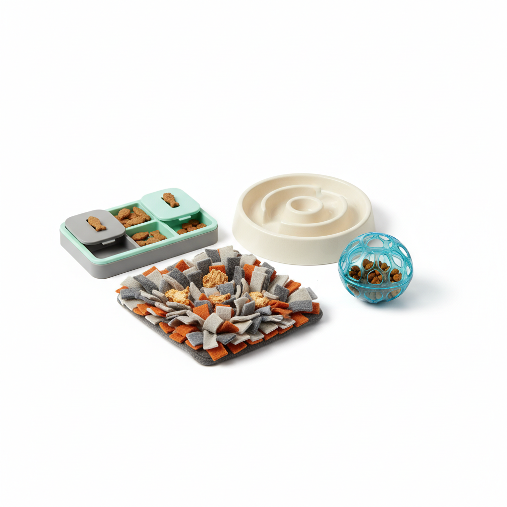 Different styles of cat puzzle feeders for slow eating and enrichment