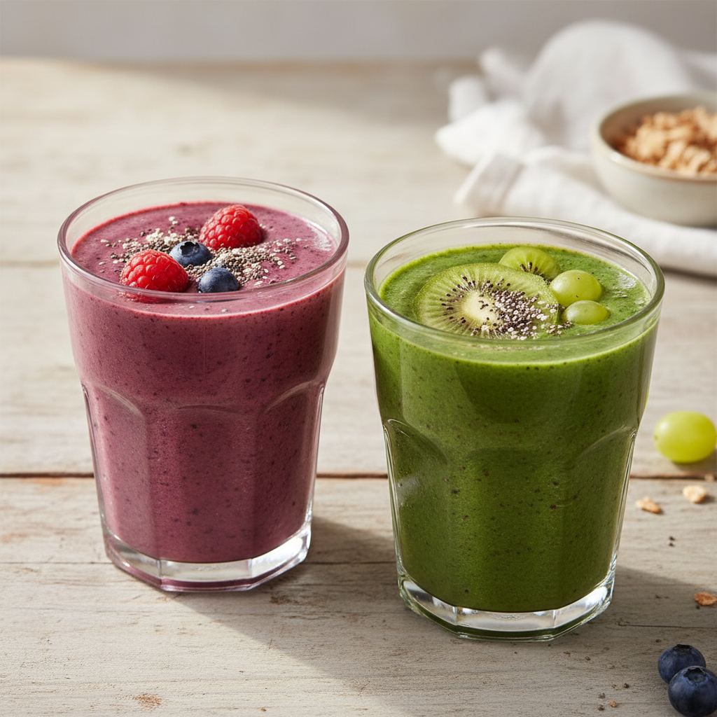 Two healthy breakfast smoothies in glasses with toppings