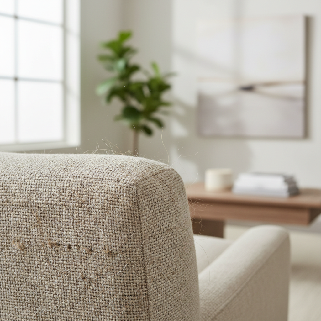 Pet hair stuck in couch fabric close-up showing embedded fur in upholstery weave