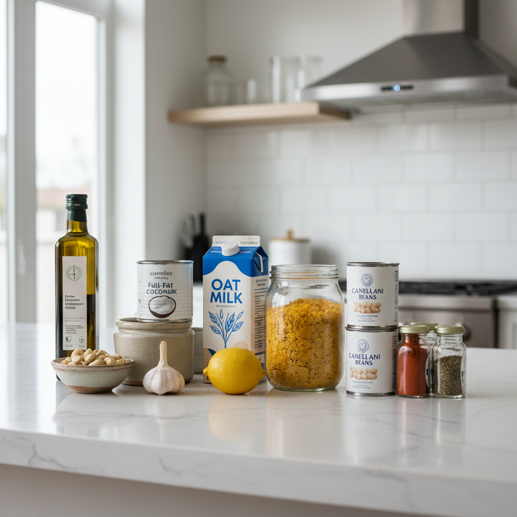 Dairy-free pantry staples and simple ingredient swaps on a kitchen counter