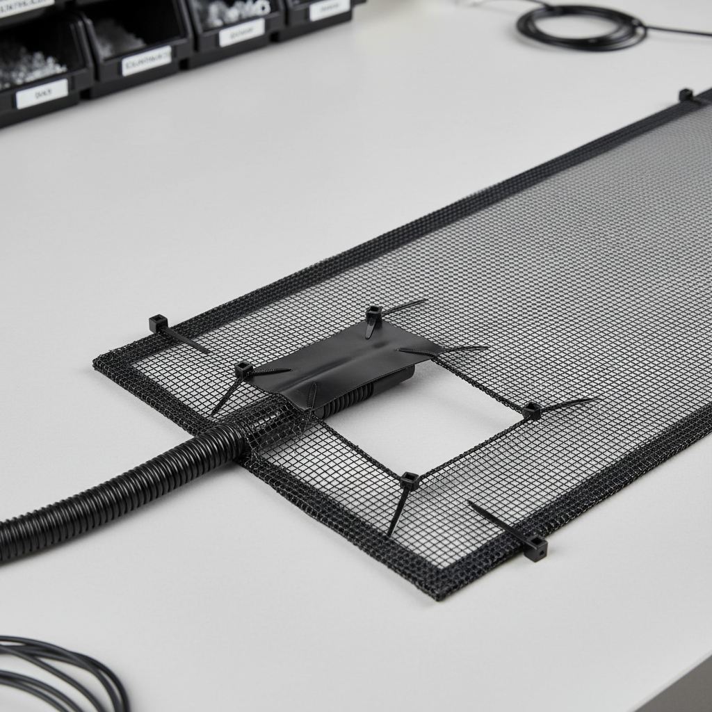 DIY mesh screen lid cutout neatly sealed around aquarium filter tubing to prevent turtle escape