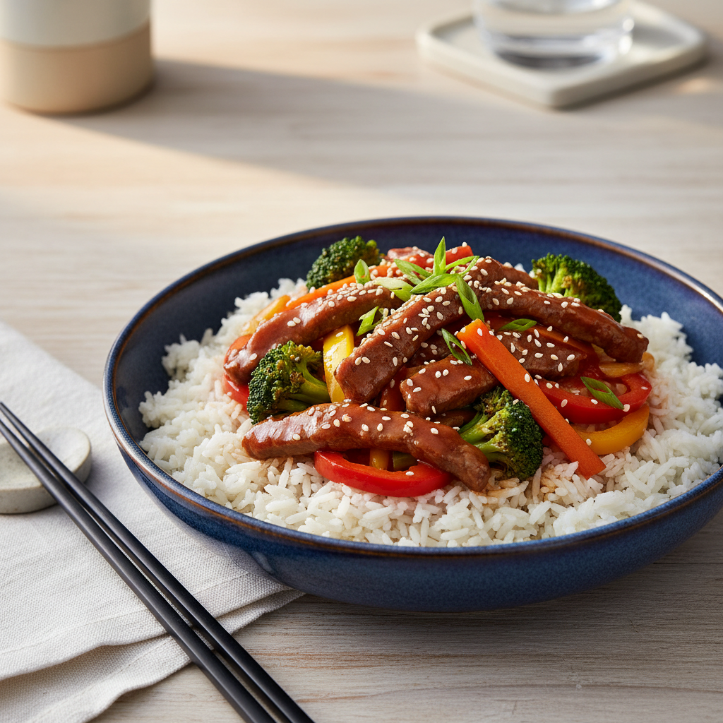 Finished beef and vegetable stir fry served over rice in a bowl