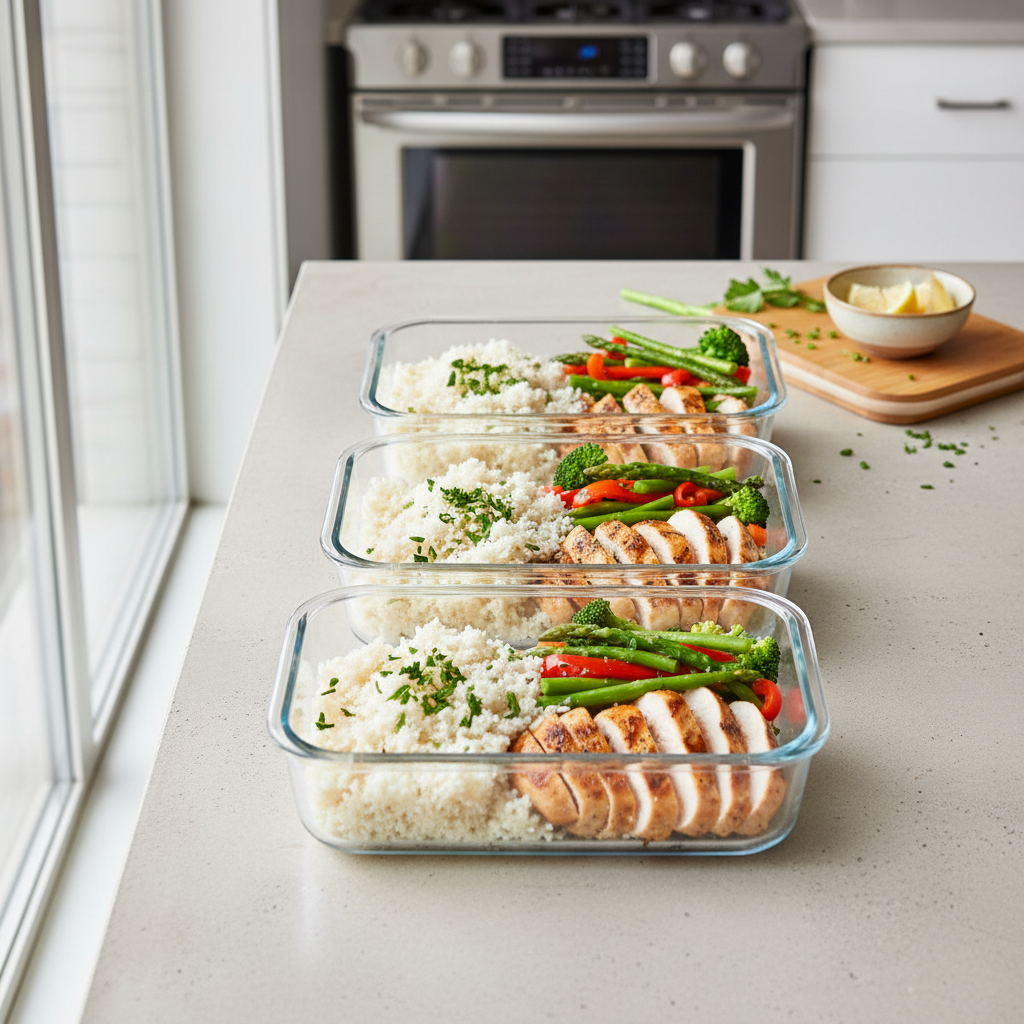 Meal prep containers with cauliflower rice and protein for low-carb lunches