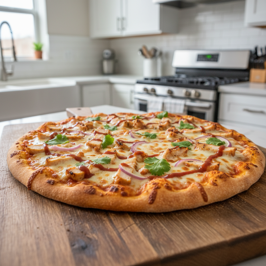 Homemade BBQ chicken pizza on a wooden board with melty cheese and red onions