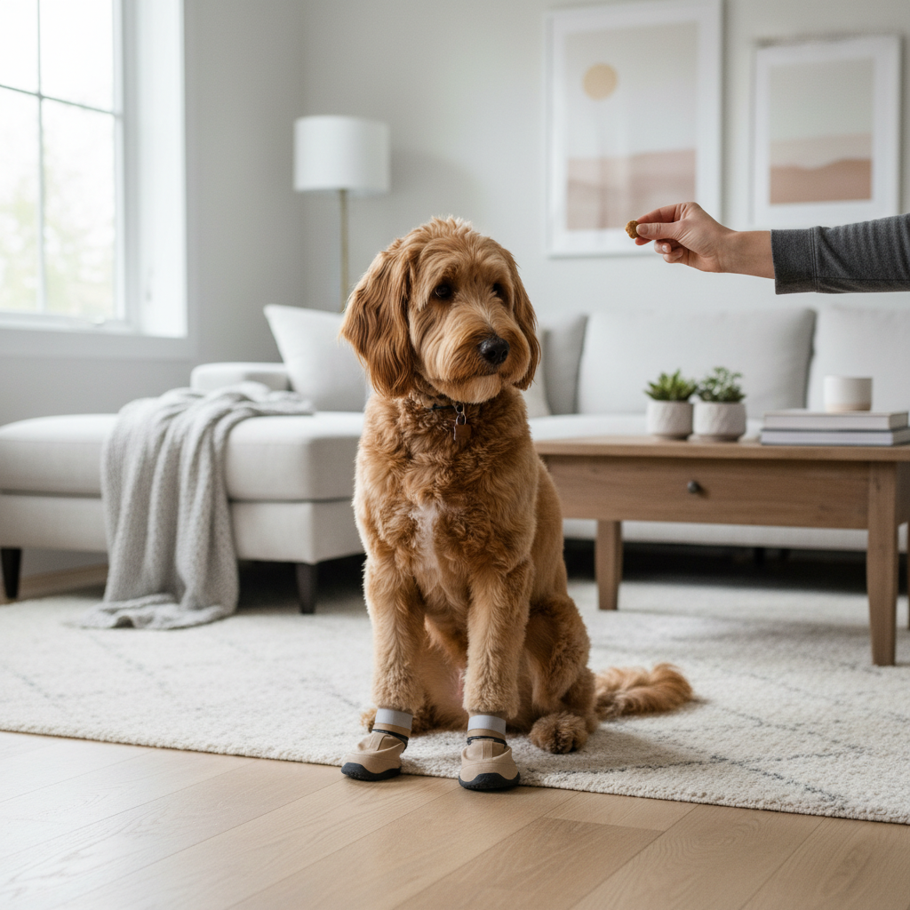 Dog learning to wear winter boots indoors with treats