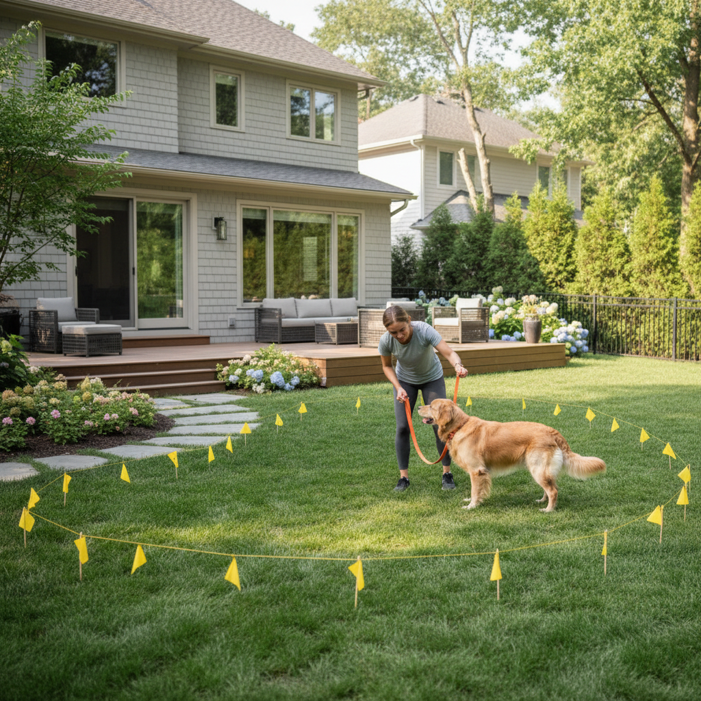 Training flags marking a dog fence boundary line in a backyard