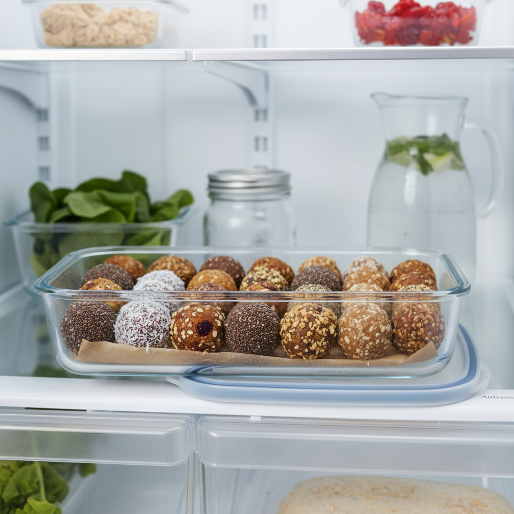Meal-prepped energy balls stored in a glass container in the refrigerator