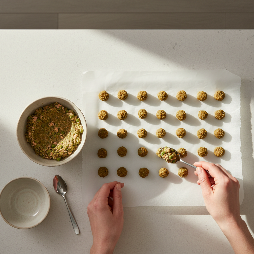 Pet owner portioning tiny no-bake cat treats into pea-sized pieces on parchment paper