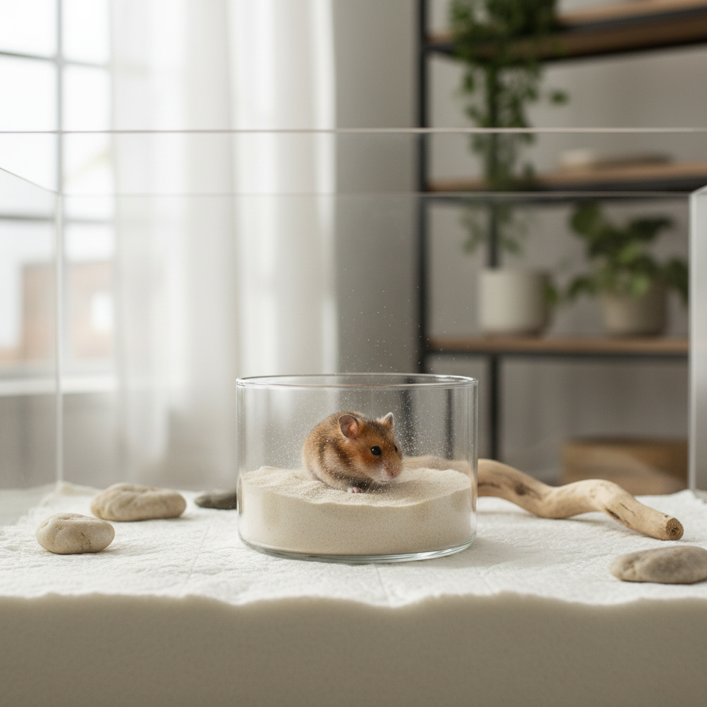 Hamster using a sand bath in a clean enclosure setup