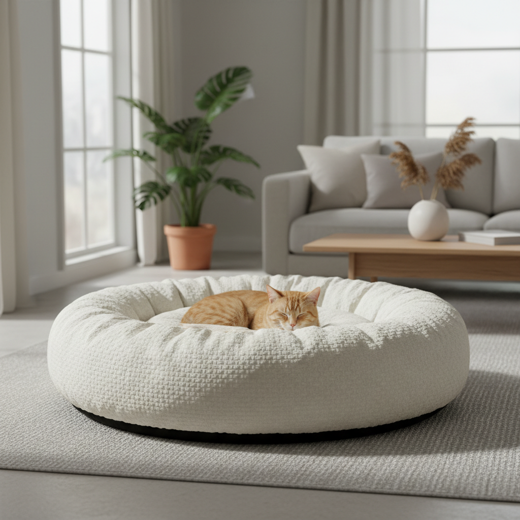 Large washable cat bed with removable cover in a bright living room