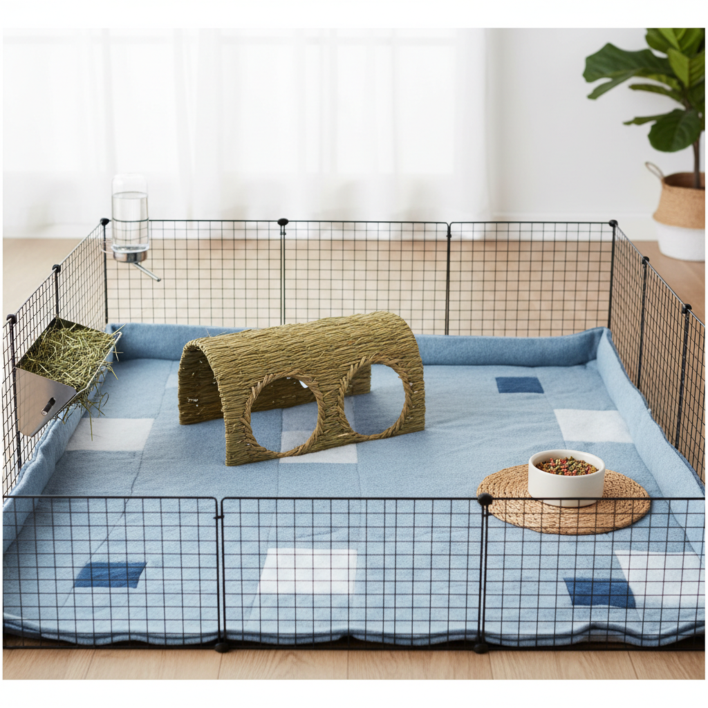 Guinea pig habitat with two-exit grass tunnel, hay rack, and fleece bedding