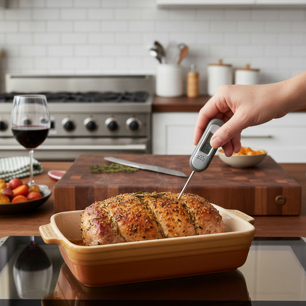 Pork tenderloin being checked with a meat thermometer in a roasting pan
