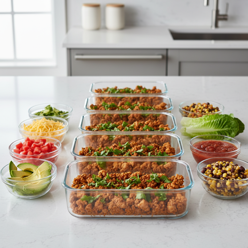 Meal prep turkey taco lettuce wraps with toppings in containers