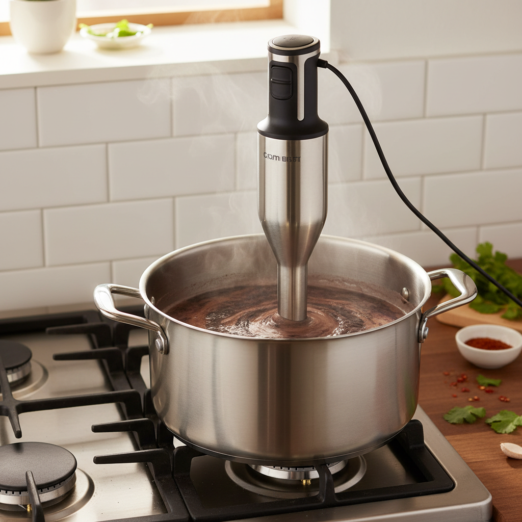 Immersion blender pureeing black bean soup in a pot for creamy texture