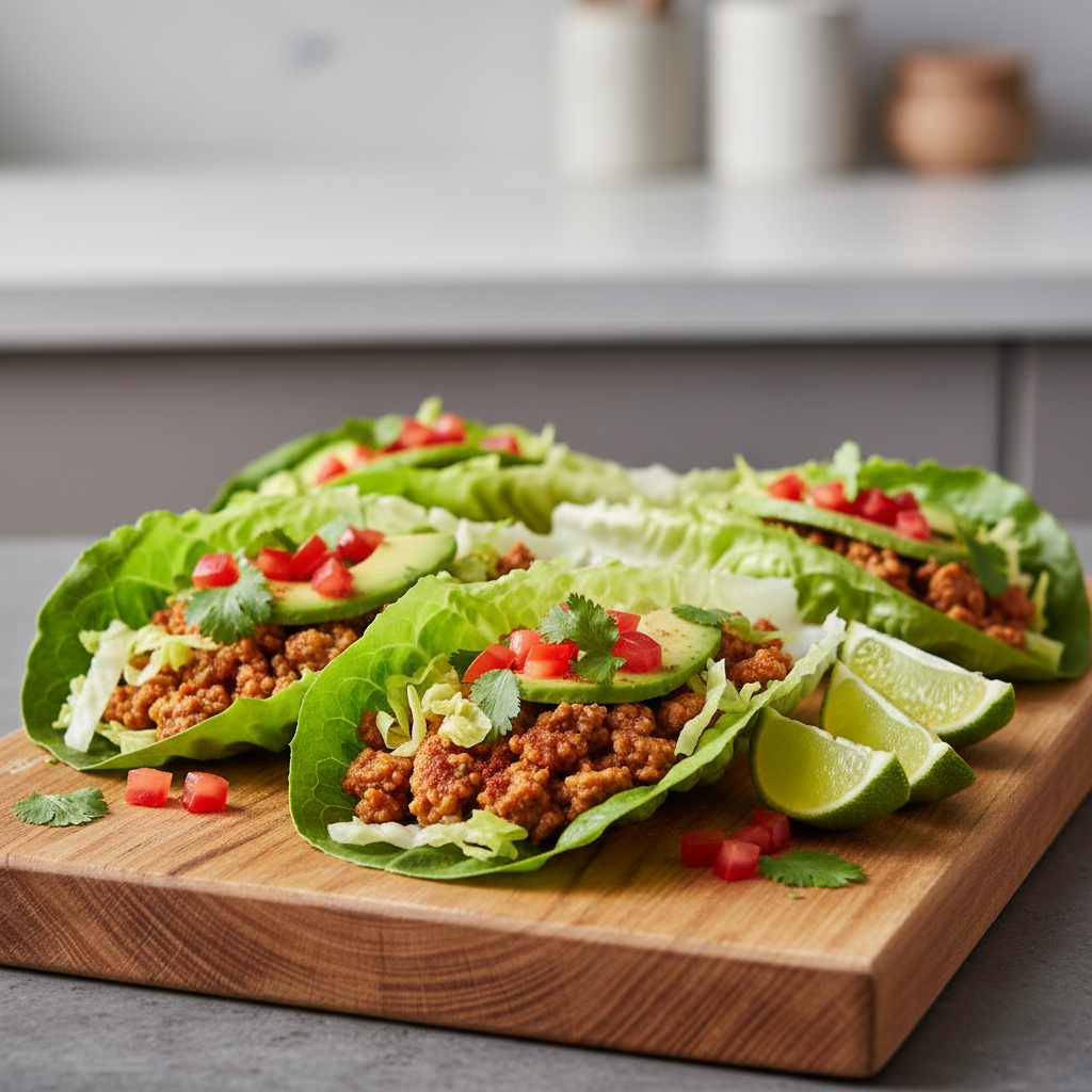 Turkey taco lettuce wraps with fresh toppings on a wooden board