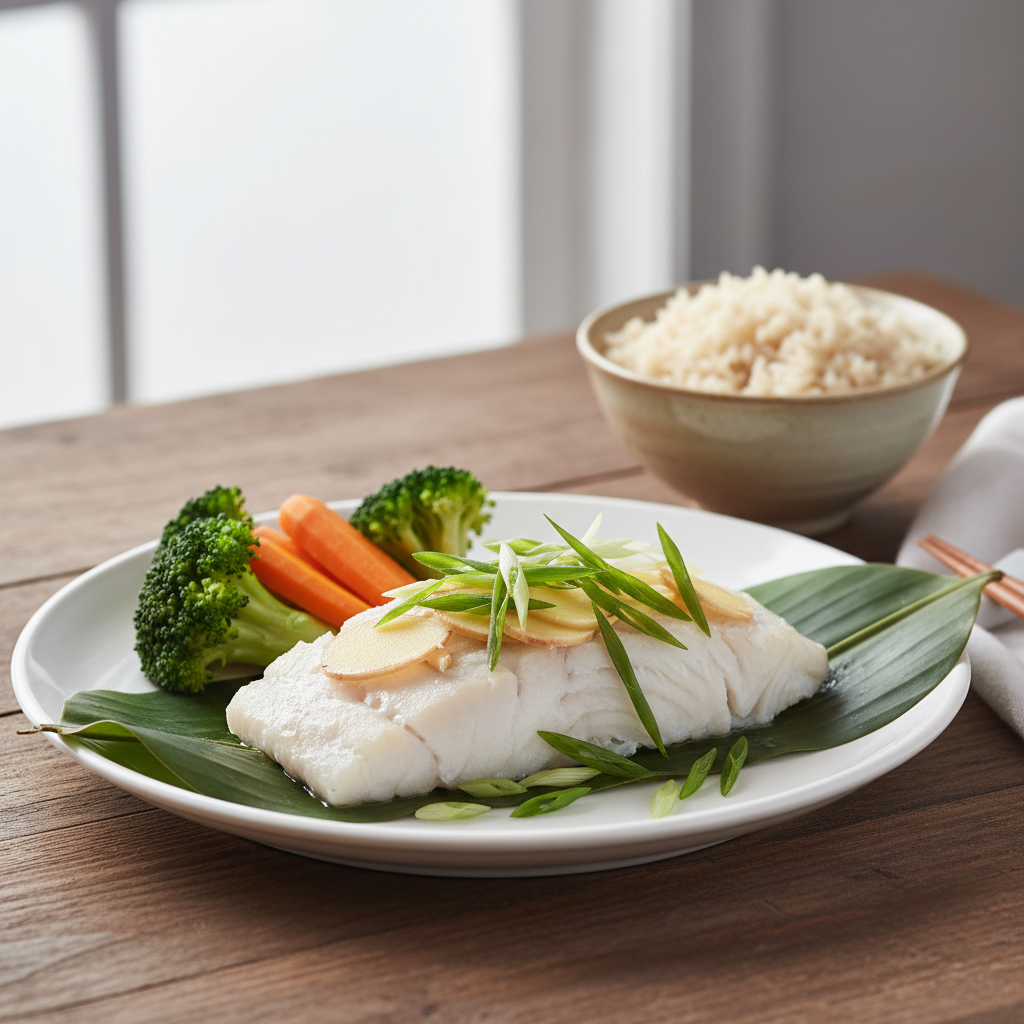 Colorful healthy steamed dinner with fish, broccoli, and rice