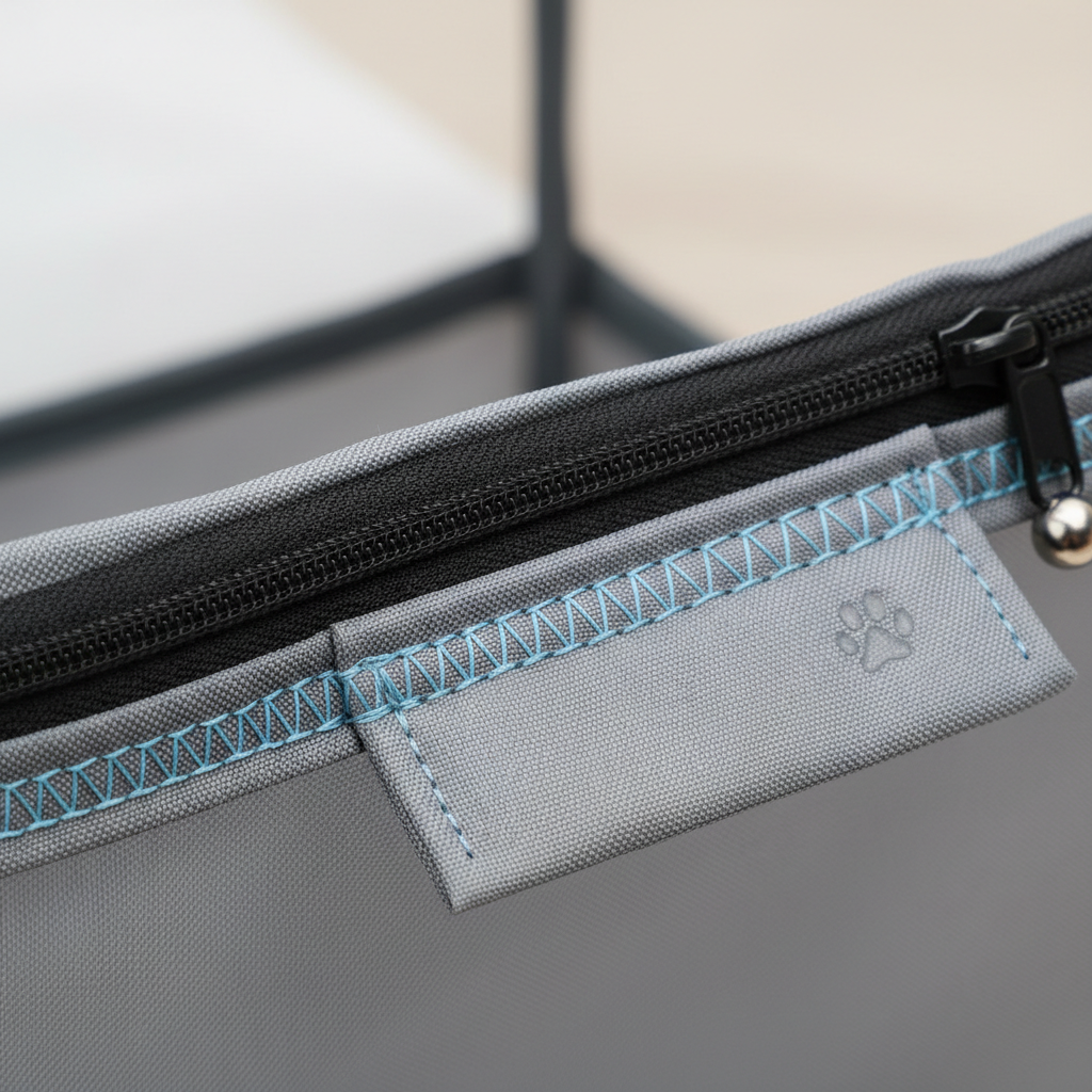 Close-up of foldable hamster playpen seams and zipper flap showing reinforced stitching