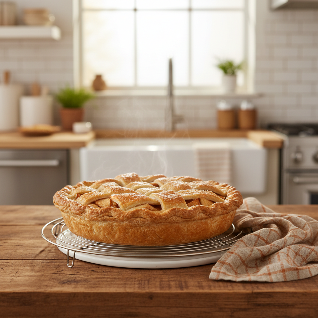 Fresh homemade apple pie with flaky crust cooling on a kitchen counter