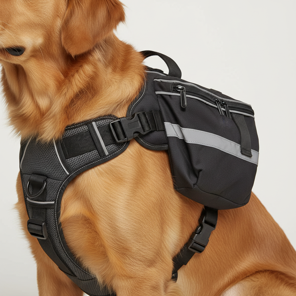 Close-up of properly adjusted dog backpack harness straps and chest fit