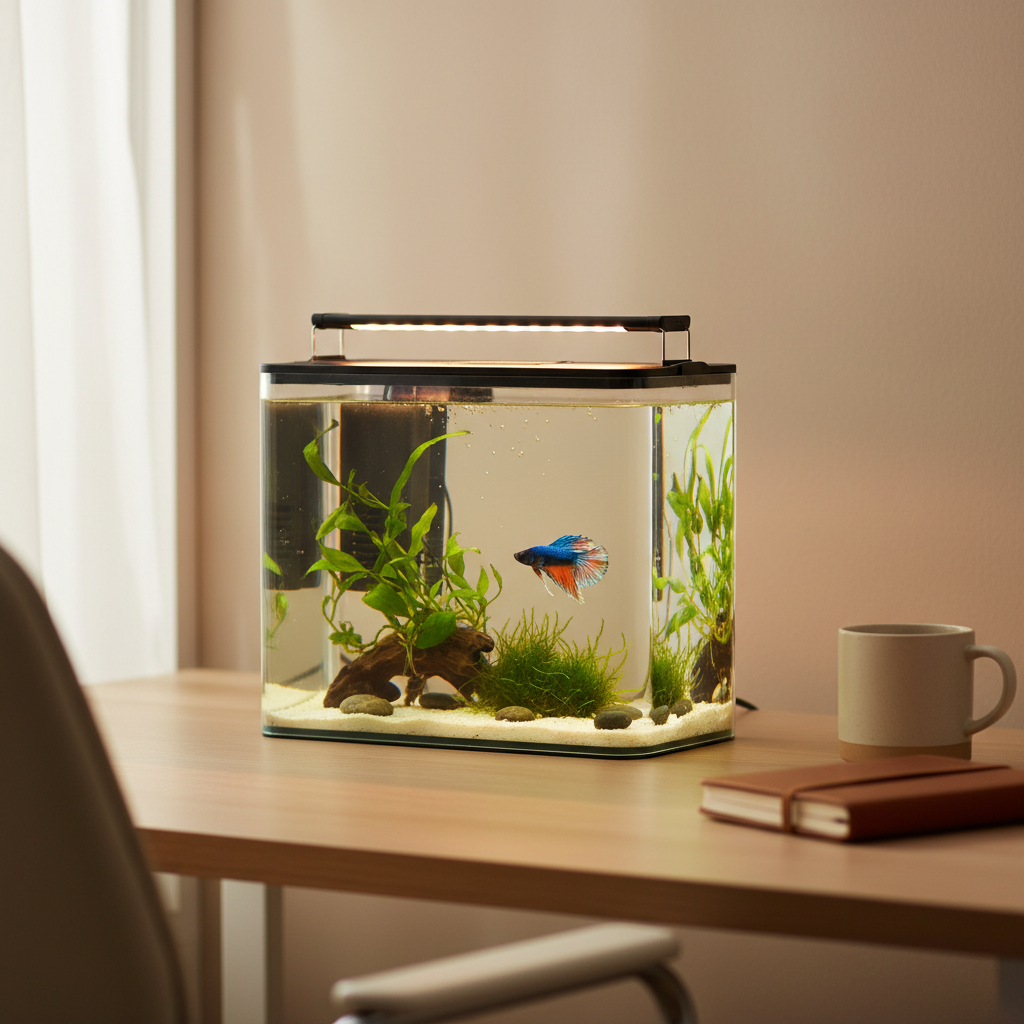 Small desktop betta fish tank kit setup with lid light and plants