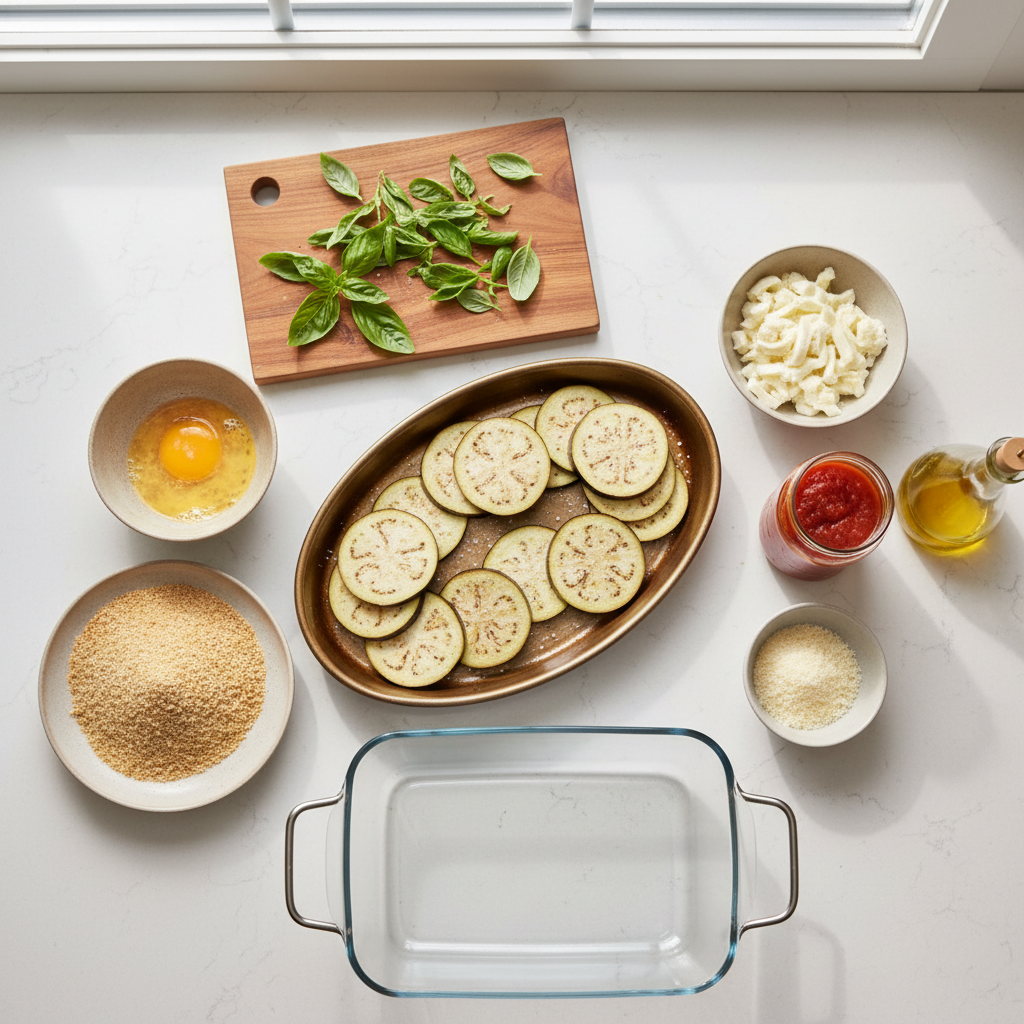 Baked eggplant parmesan ingredients laid out on a kitchen counter