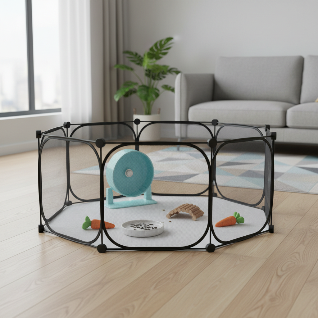 Portable foldable hamster mini playpen set up on a living room floor with toys and a water dish