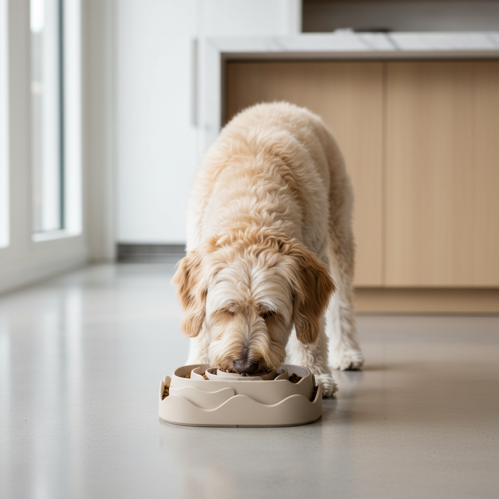 Dog eating from a puzzle slow feed bowl to prevent gulping